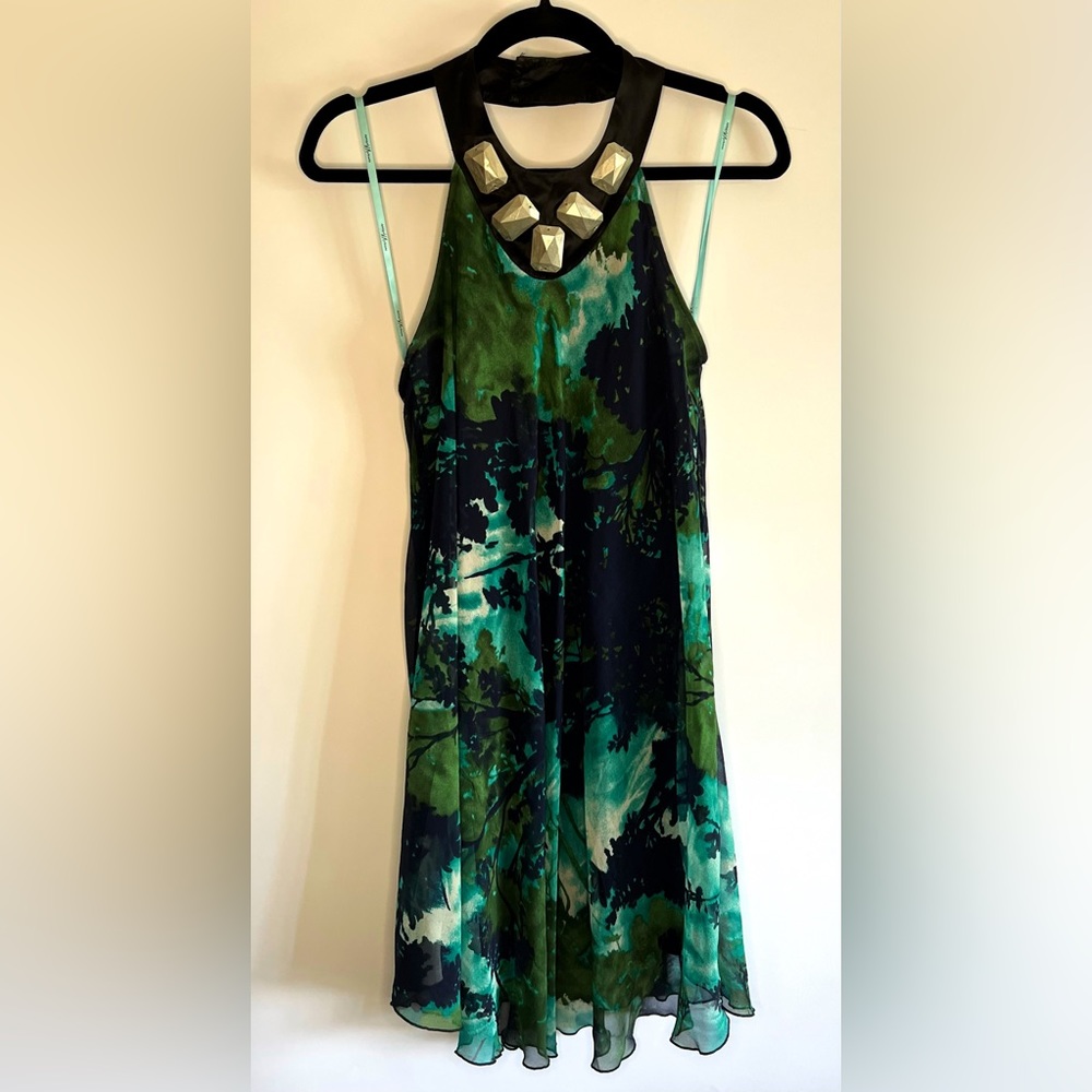 Marciano Halter Dress Spring Summer Chiffon Flowy Silver Gems Green Forest